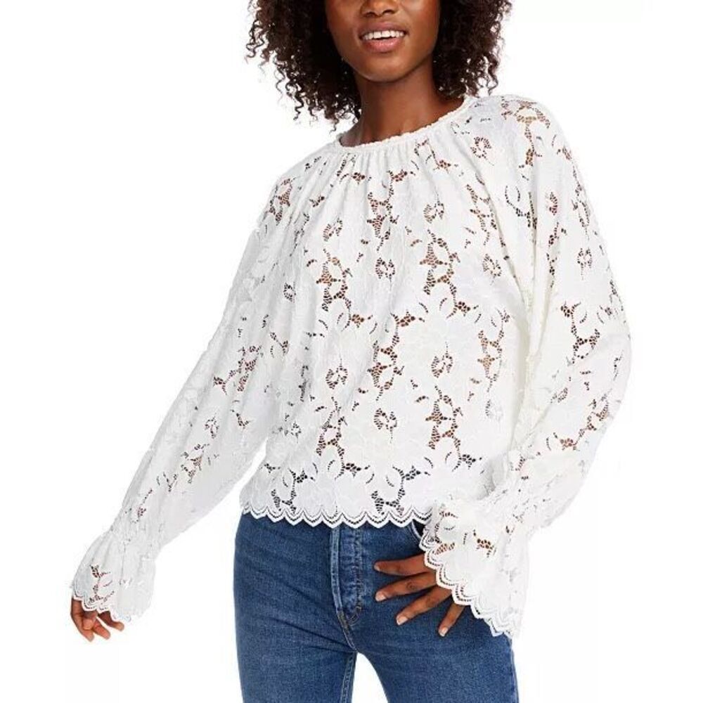 Free People Olivia Lace Top size L Floral Long Bell Sleeve ivory white‎